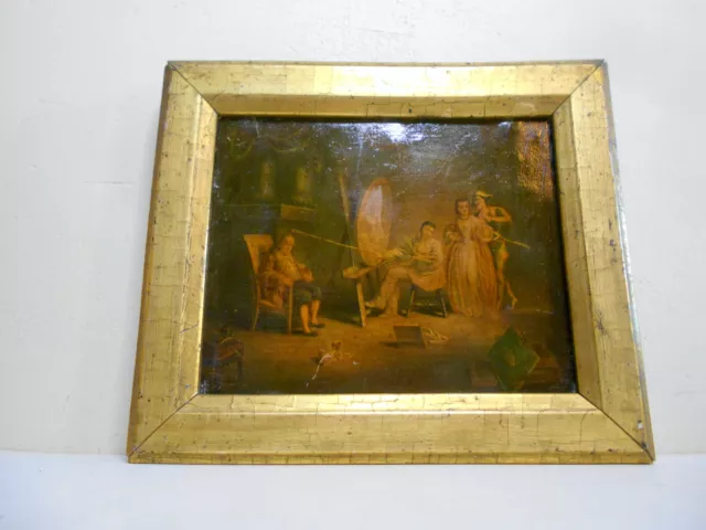 Petit cadre ancien en bois doré gravure style tableau personnages Louis XVI 3