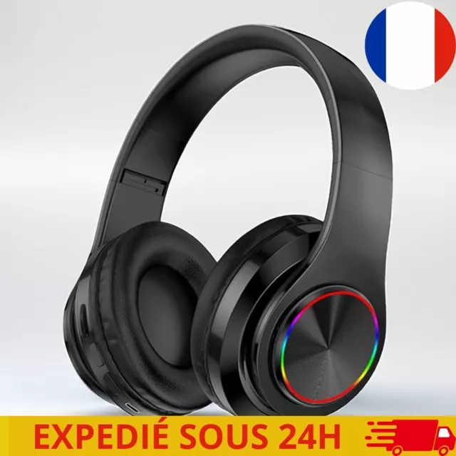 Casque Bluetooth Sans Fil Noir Pliable Sport Avec Microphone Intégré