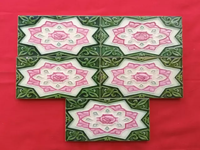 5 Piece Old Art Flower Design Embossed Majolica Ceramic Tiles Japan 0172