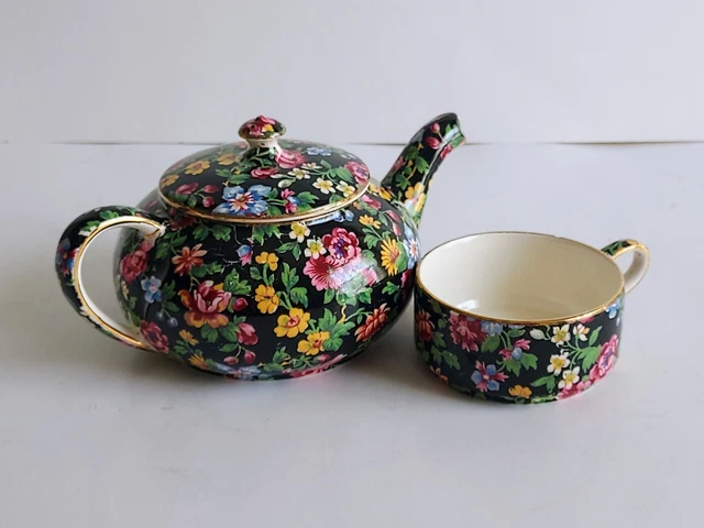 VTG Royal Winton Grimwades Black Chintz Esther 1952 Teapot and Cup England