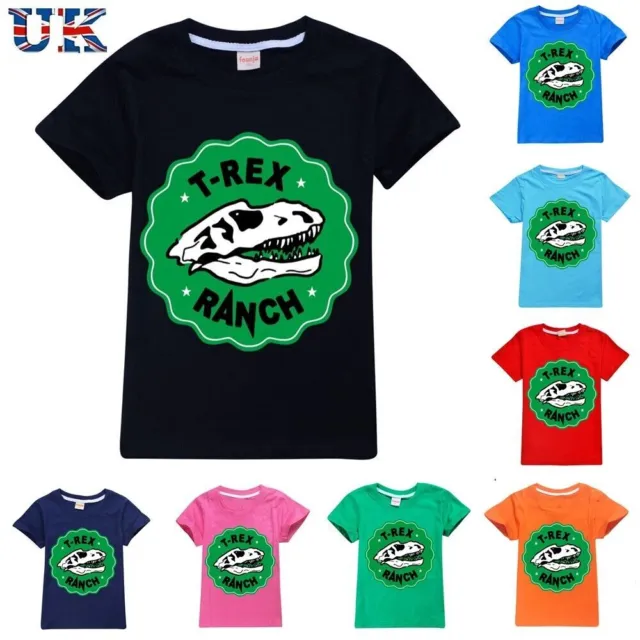 Kids Boys T-REX RANCH Print 100% Cotton T-shirt Casual Short Sleeve Tops Tee UK