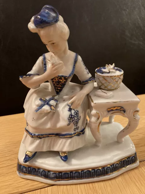 Vintage Ivo Blue & White Lady Seated Figure Figurine Collectible Ornament