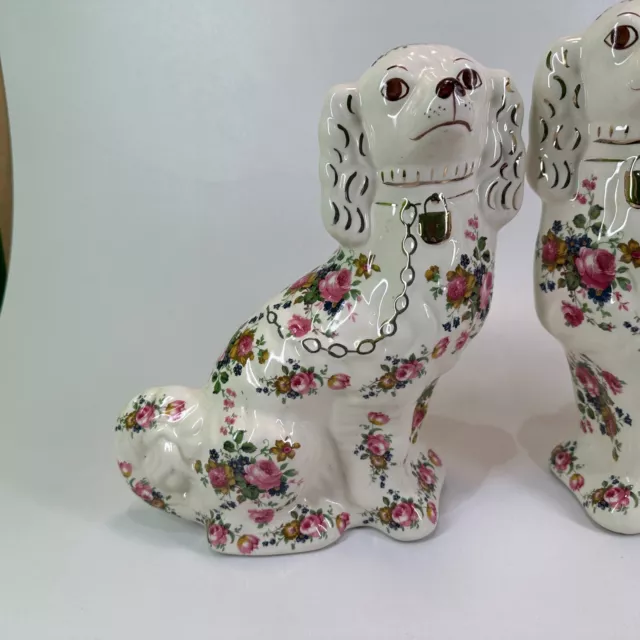 Pair Staffordshire Spaniel Mantle Wally Dogs Floral + Gold Tone Figurines - VGC 2
