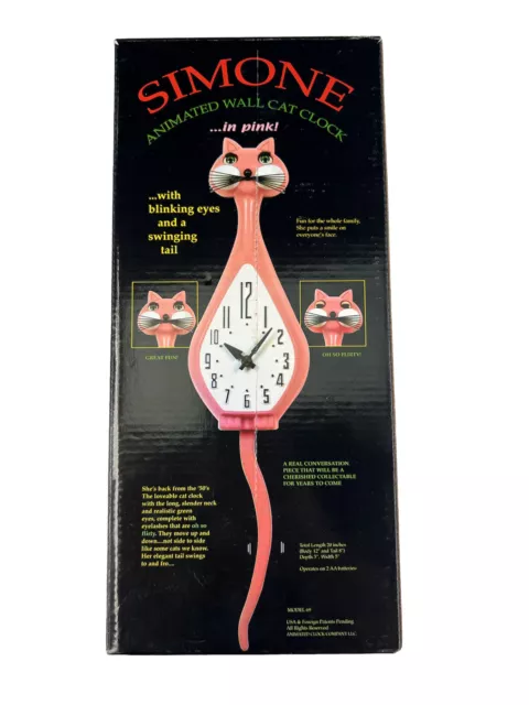 SIMONE ANIMATED WALL Cat Clock in PINK! Excellent Unused Condition