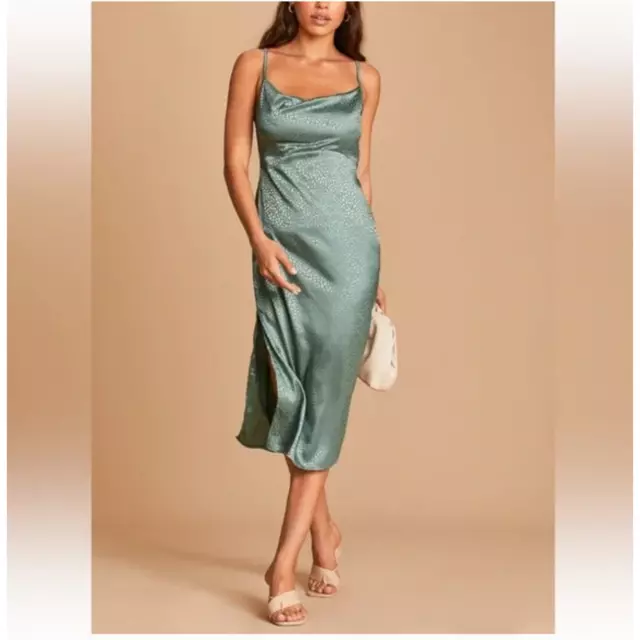 Lulu's Total Stunner Sage Green Satin Jacquard Cowl Neck Midi Dress Women Size L