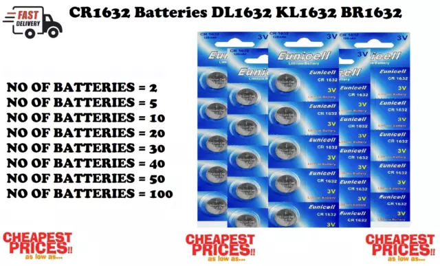 CR1632 Batteries DL1632 KL1632 BR1632 L1632 3v Coin Button Cell Eunicell UK