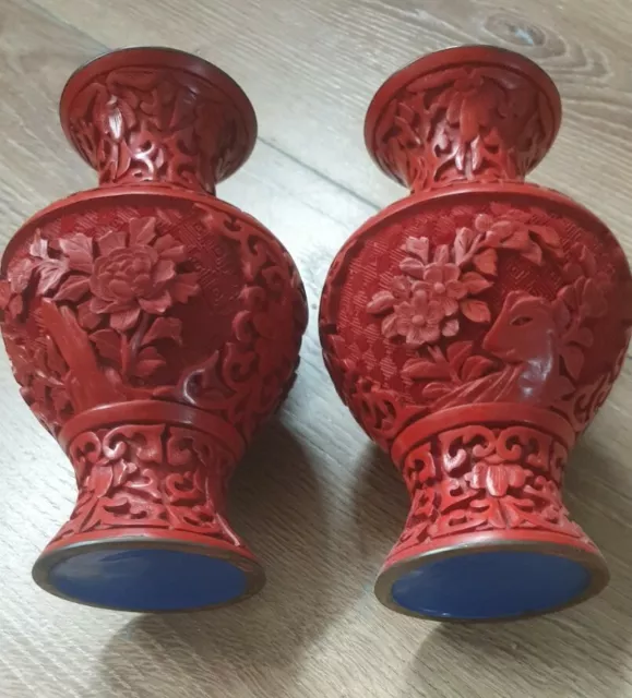 Chinese Hand Carved Pair Of Cinnabar  And Enamel Vases.  Condition  Is Excellent