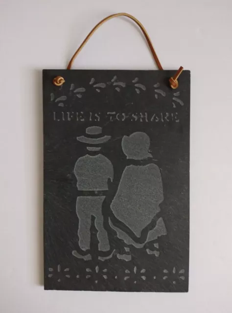 Hand Carved Solid Slate Door Hanger Wall Art Amish Couple LIFE IS TO SHARE Nice