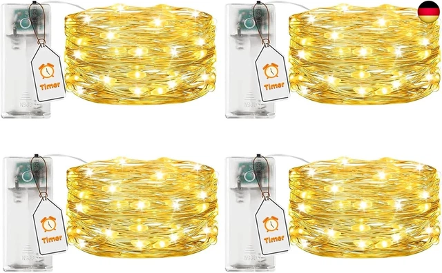 VIKY® Catena Luminosa A LED Con Timer, 2 Metri, 20 LED Bianco Caldo, Filo Di Rame Per Interni, Alimentazione A Batteria (2xAA Non Incluse), 2 Pezzi