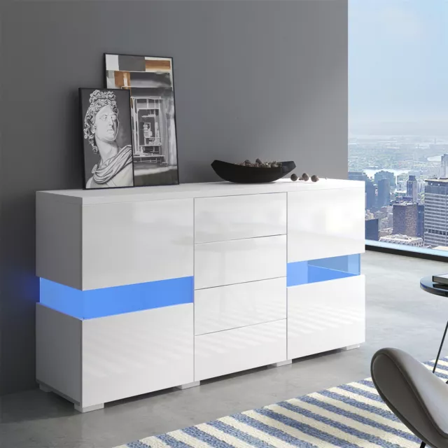 Hochglanz Sideboard mit LED-Leuchten Kommode 4 Schubladen Schrank Anrichte XW