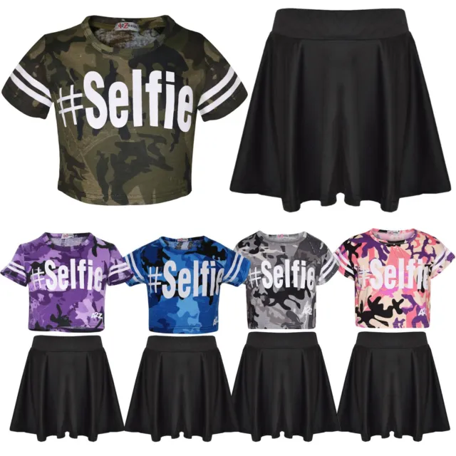 Girls Tops Kids Designer's #Selfie Camouflage Crop Top & Skater Skirt Set 5-13Yr