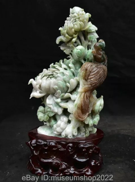 12.4 " Old Chinese Natural Dushan Jade Carved Flower Phoenix Bird Statue