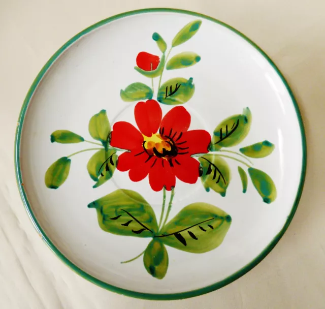 VTG hand painted Red Flower green edge decorative wall plates signed Italy 7.5"