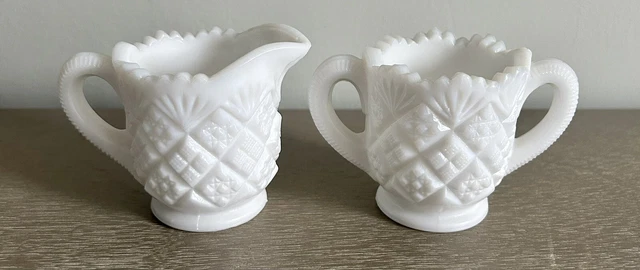 Vintage Westmoreland Quilt Thumbelina Pattern White Milk Glass Cream & Sugar 2” Vintage Westmoreland Quilt Thumbelina Pattern White Milk Glass Cream & Sugar 2”