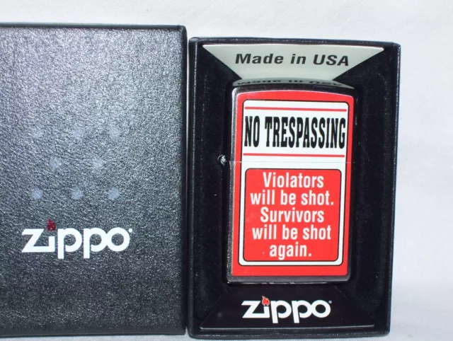 NEW Old Stock Unfired & Sealed NO TRESPASSING SIGN  Zippo Lighter with Box