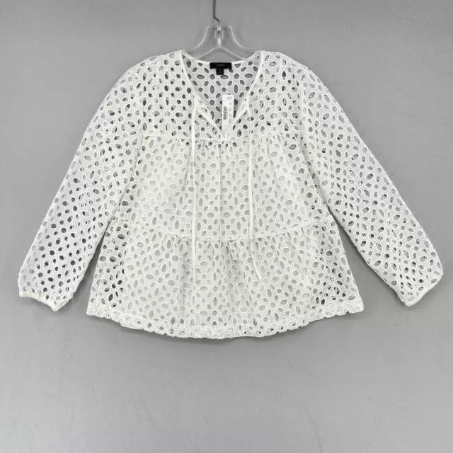 New J Crew Tiered Top In Embroidered Eyelet Womens Small White Long Sleeve Lined