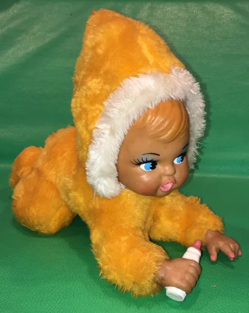 Vintage plush rubber face baby doll with bottle Crawling Rushton Style