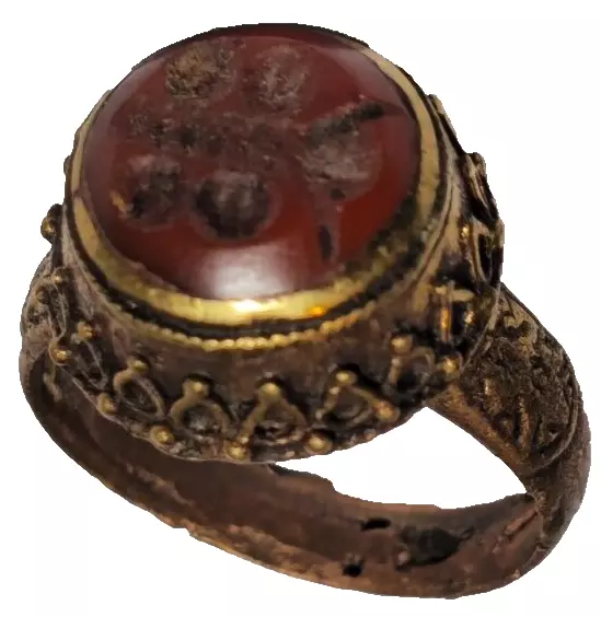 Rare Ancient  Bronze Gold Gilted Ring Seal Carnelian Rare Stone.6,8 Gr.24 Mm