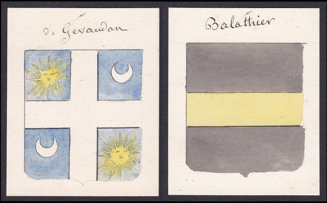 19. Siglo Balathier Gavaudan Francia Escudo Nobleza Abrigo De Arms Acuarela