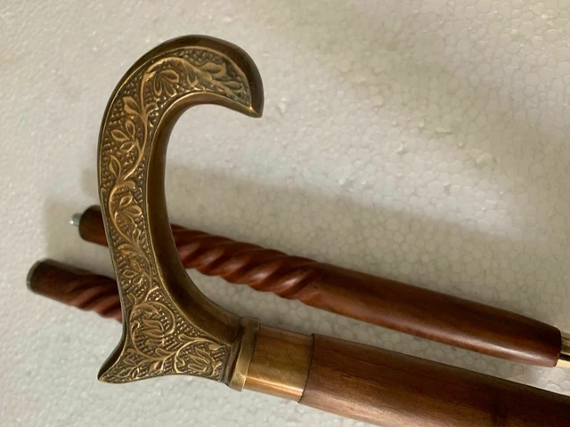 Vintage Brass Walking Cane Stick Handle Brown Wooden Victorian Handmade