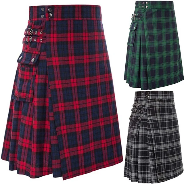 Gonna Scozzese Rossa Miscela Cotone Highland Uomo Kilt 4 Colori Pocket