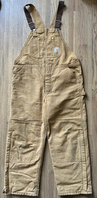 VTG Carhartt Brown Double Knee Duck Work Lined Bib Overalls Men 42x30 Insulated