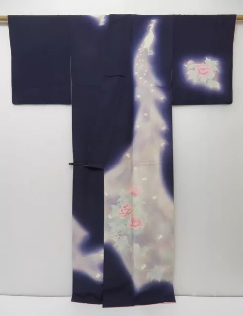 1614T02z910 Japanese Kimono Silk TSUKESAGE Dark navy-purple Peacock
