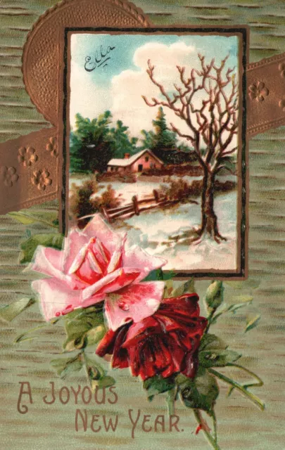Vintage Postcard 1909 A Joyous Happy New Year Greetings & Wishes Roses Landscape