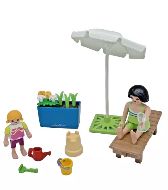 Playmobil donna bambino giardino lettino ombrellone Lechuza vacanza città vita fiori