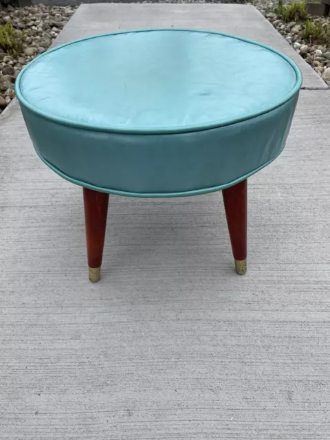 Vintage MCM Blue Round Vinyl Ottoman Foot Stool Tapered Wooden Legs 1960's