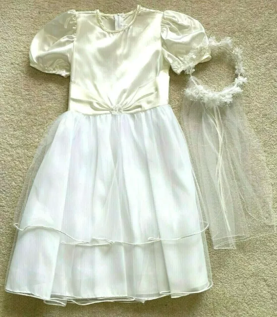 Flower Girl Dress Sz 10 Ivory White w Headpiece Cream Communion Pageant Lace