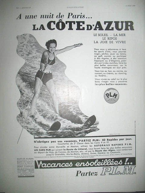 Publicite De Presse Plm Cote D'azur Soleil Mer Repos Tourisme French Ad 1936