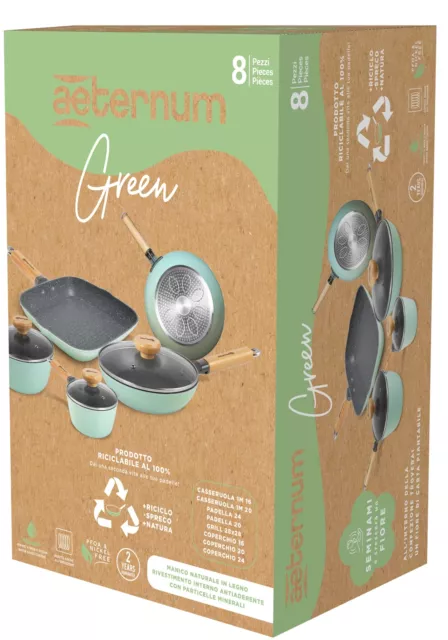 Aeternum Green Induction Wood, Batteria 8 Pezzi, Padelle Antiaderenti, Adatto a 2