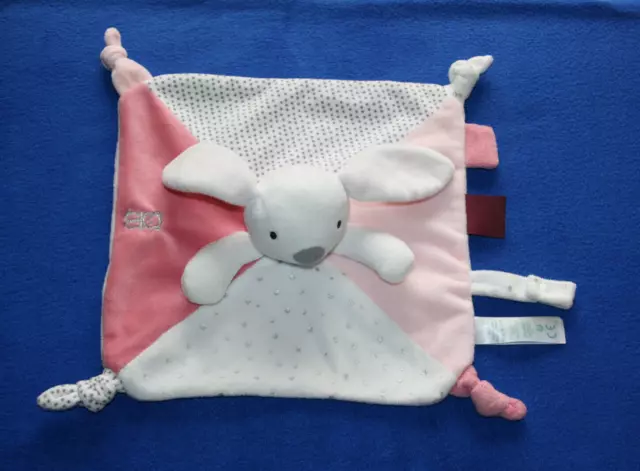 Obaibi Okaidi Doudou Lapin Plat Blanc Rose Attache Tetine Etoile Pois Etat Neuf 2
