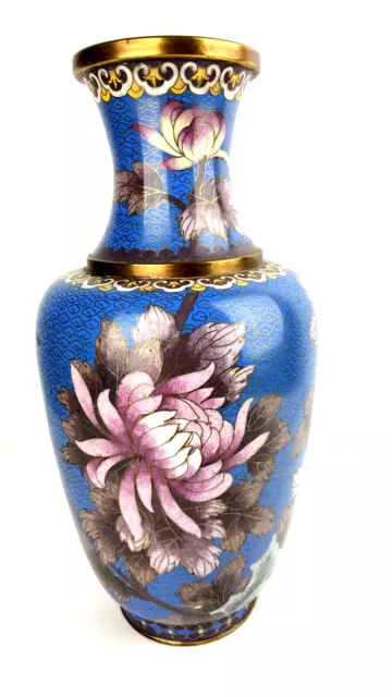 Vintage Chinese Cloisonne Vase 12" Tall Blue Pink Flowers Butterfly Brass Enamel