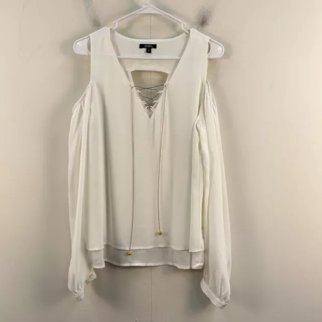 XOXO Womens Large Blouse Top White Pullover Cold Shoulder Long Sleeve 17578