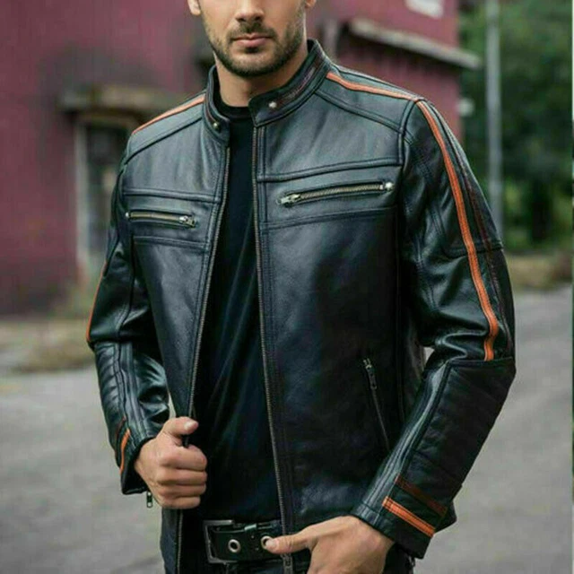 Men's Black Lambskin Jacket Cafe Racer Retro Slim fit Biker Real Leather Jacket