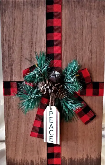 NWT Christmas Table Decor-Wooden Gift w/Black & Red Plaid Ribbon & Bell- 11.50"T