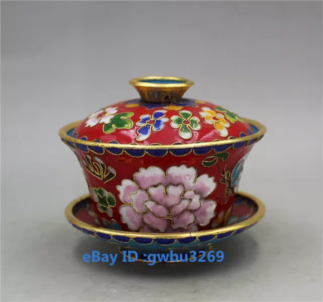 Collect Old Chinese Cloisonne Handwork Carved Peony flower teacup cup 22945