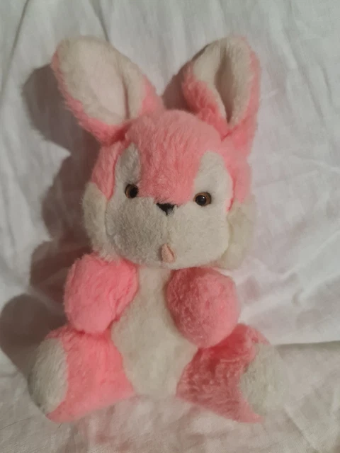 Doudou Peluche Lapin Assis Rose Et Blanc Vintage Nounours