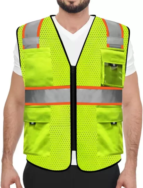 High Visibility Mesh Reflective Safety Vests with Pockets and Zipper, Meets ANSI