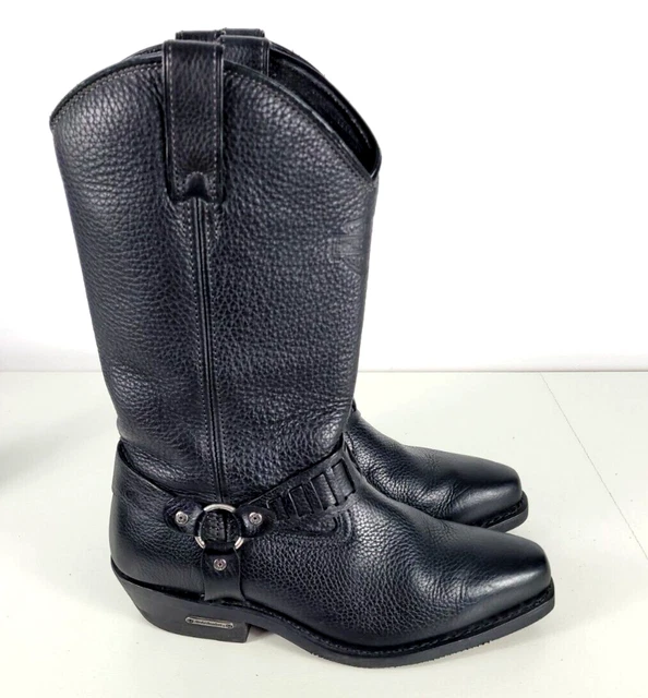 Harley Davidson Mens Black Pebbled Leather Western Harness Biker Boots 10 WIDE