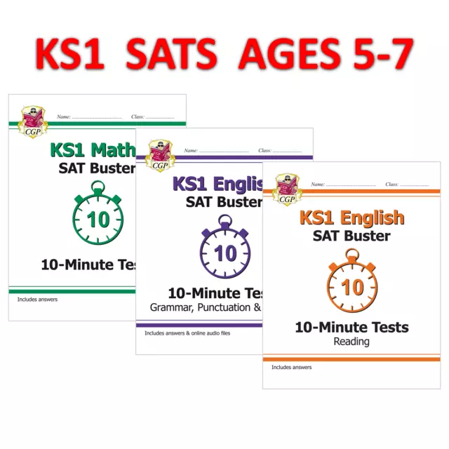 KS1 SATS Ages 5-7 Buster Maths English Reading 10 Minute Tests with Answer Cgp