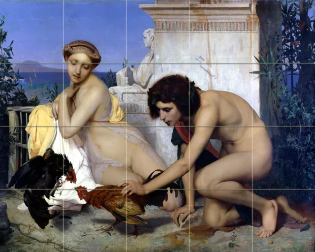 21.25 x 17 Art Young Greeks Cock Fight Ceramic Mural Backsplash Bath Tile #2217