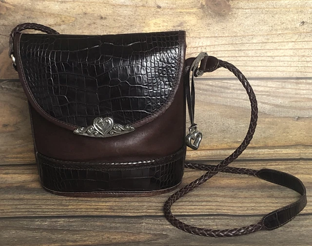 1996 VTG BRIGHTON Crossbody Bucket Purse Croc Embossed 2 Tone Brown LEATHER  EUC