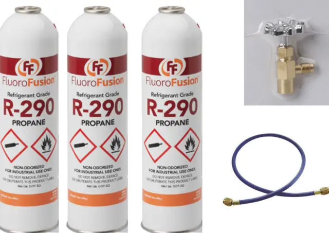 R–290 (3) Large 14 oz. Cans, FluoroFusion, Refrigerant Grade PV14 Taper & Hose
