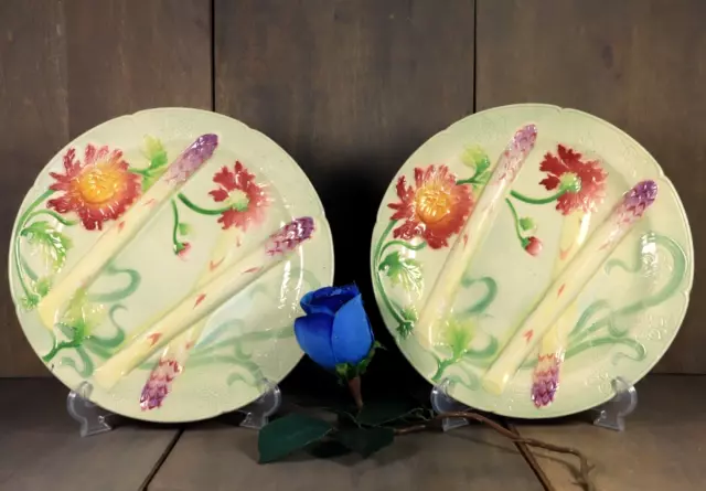 Antique French Majolica Asparagus Plate PAIR Signed K&G ST CLEMENT Art Nouveau