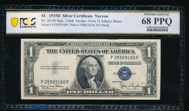 AC 1935D $1 Narrow Silver Certificate PCGS 68 PPQ P-F block  Fr 1613N