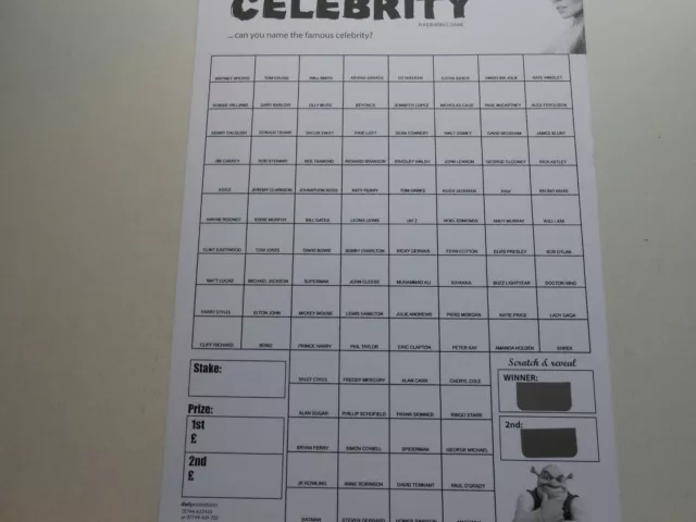 Celebrity Scratch Cards Set Of 100 Cards Raise Funds= 2 Winners - Raise £5,000