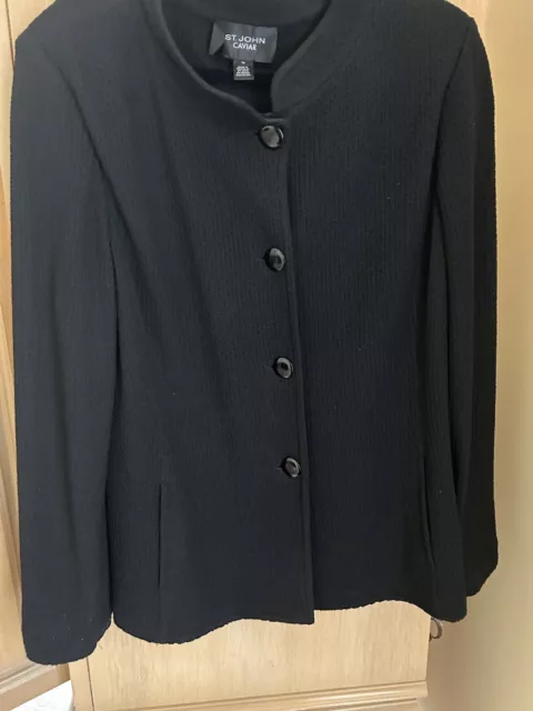 St. John Caviar Black Santana Knit Single Button High Collar Jacket Blazer 16